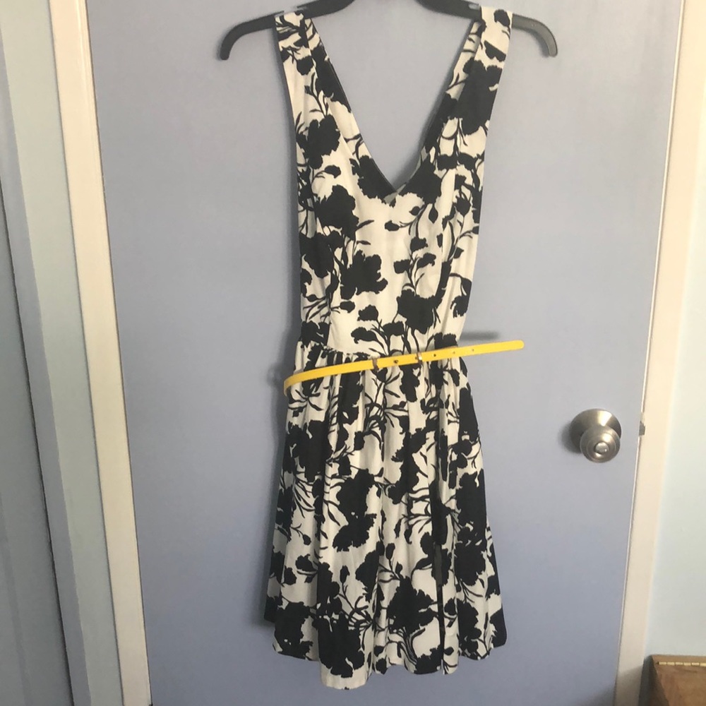 Elle black & white floral dress with yellow belt